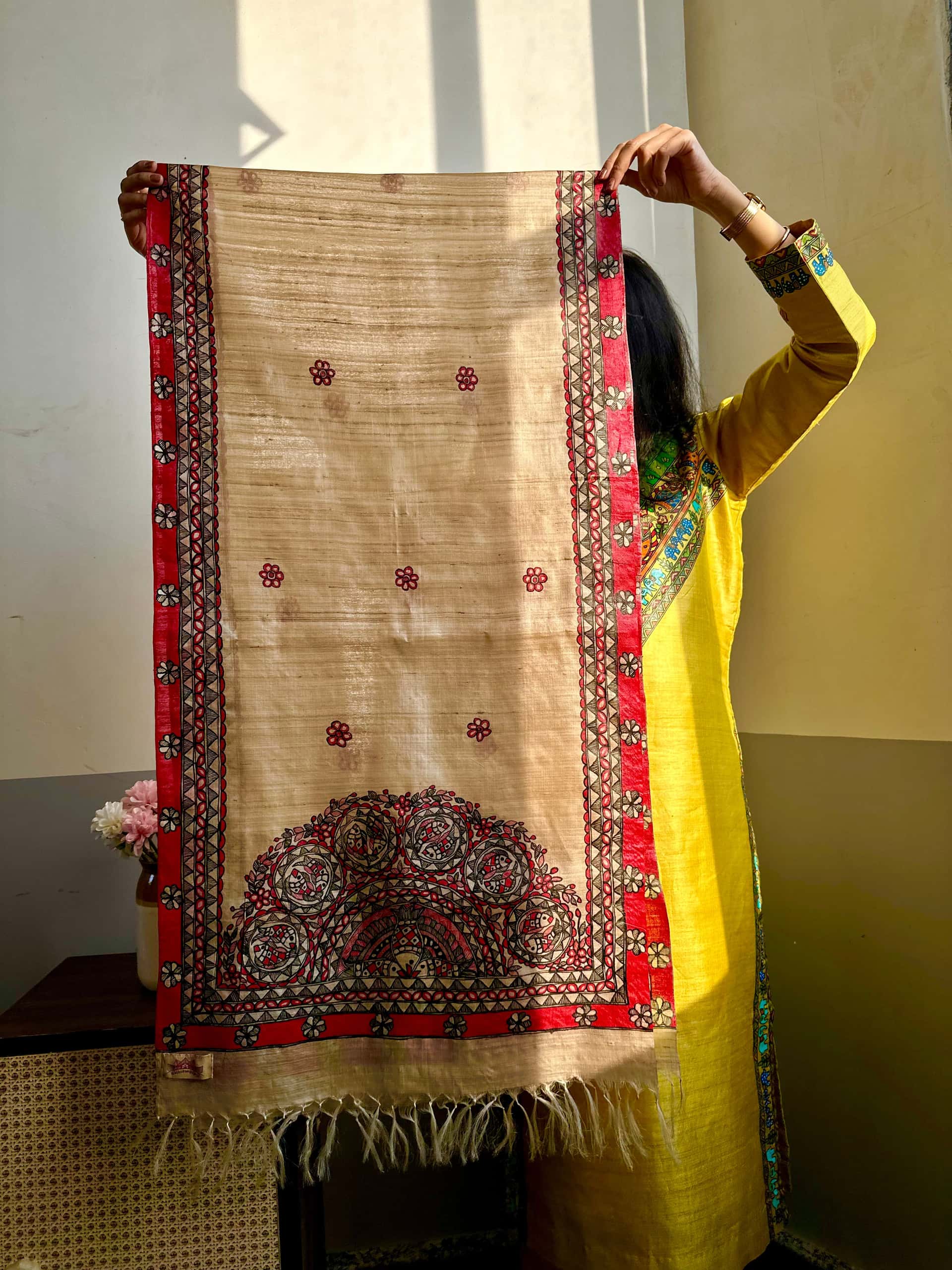 Matsya Red Black Hand-painted Madhubani Tussar Silk Stole
