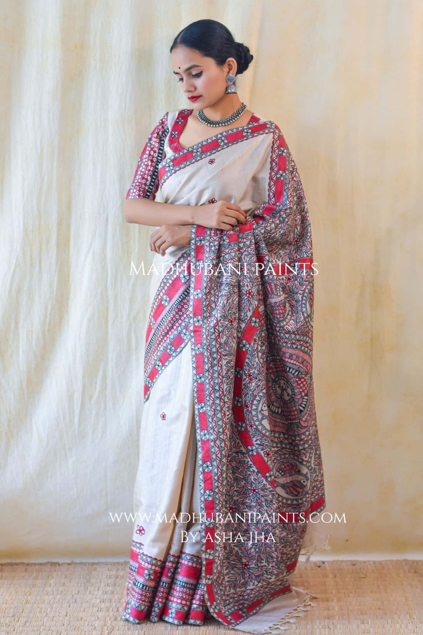 'LAAL MATSYA LEELA'  Handpainted Madhubani Tussar Silk Saree Blouse Set