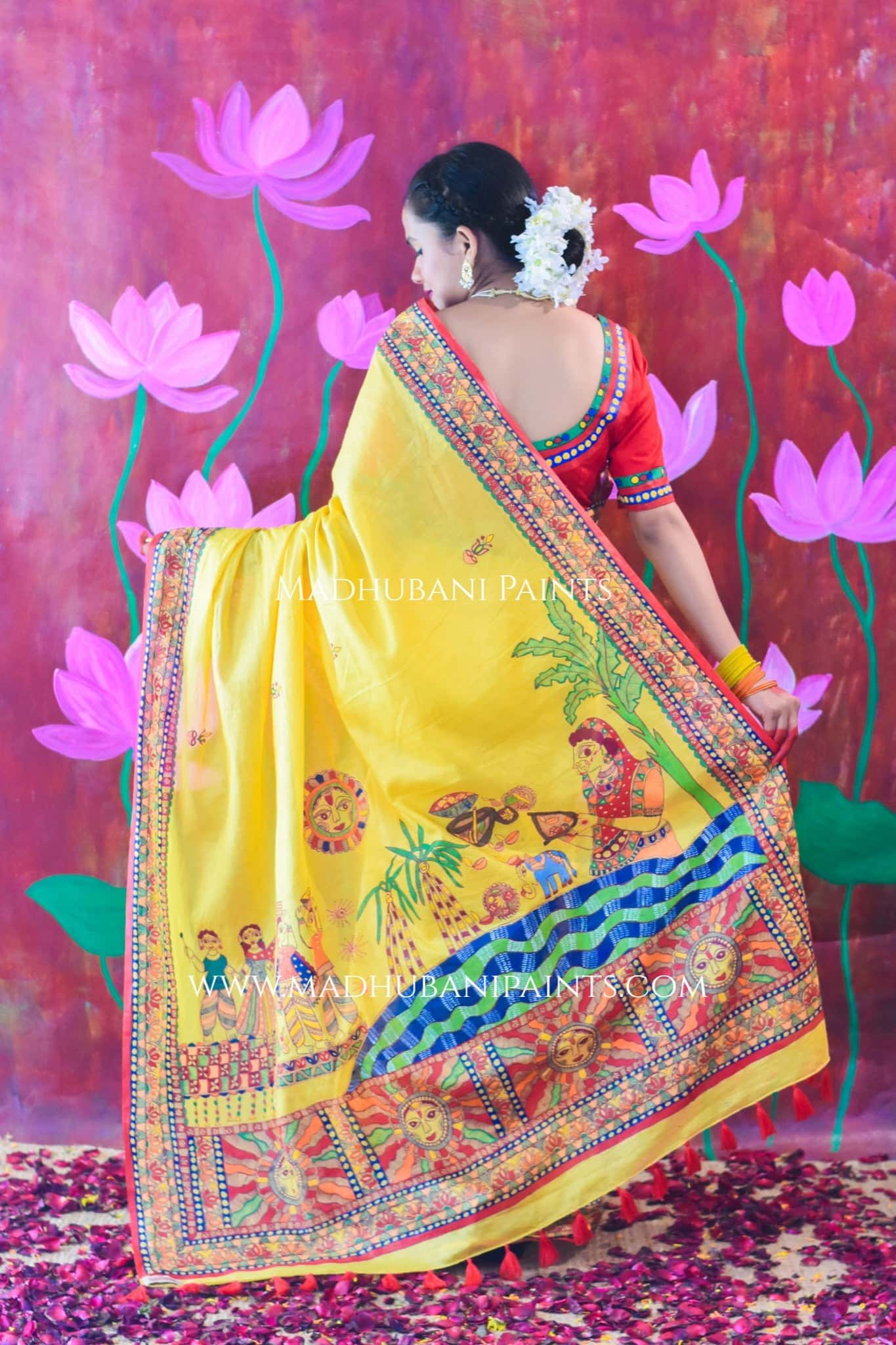 SURYA KIRAN Chhath Puja Hand painted Madhubani Cotton Saree Blouse Set