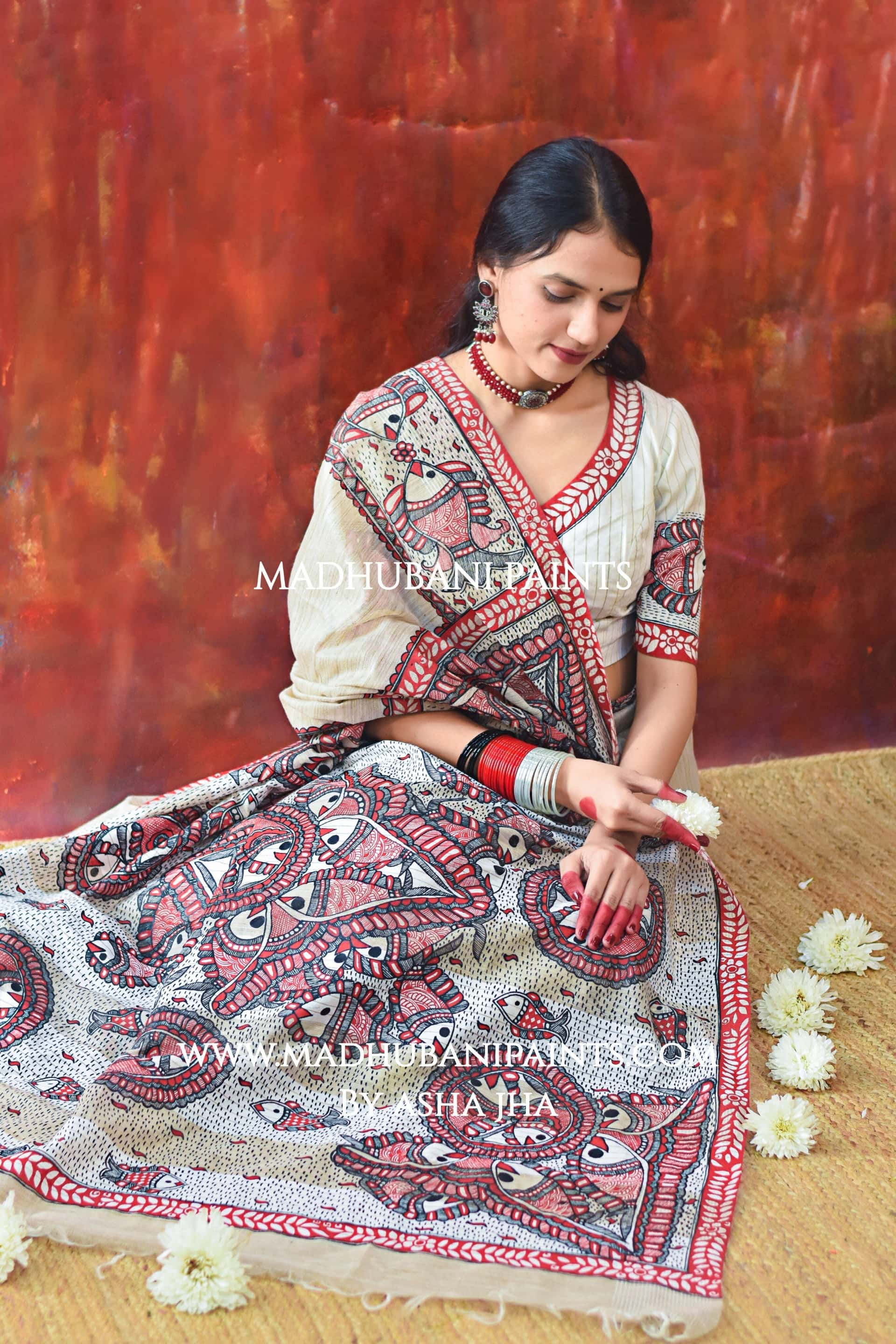 JAL TARANG Hand-painted Madhubani Chanderi Saree Blouse Set