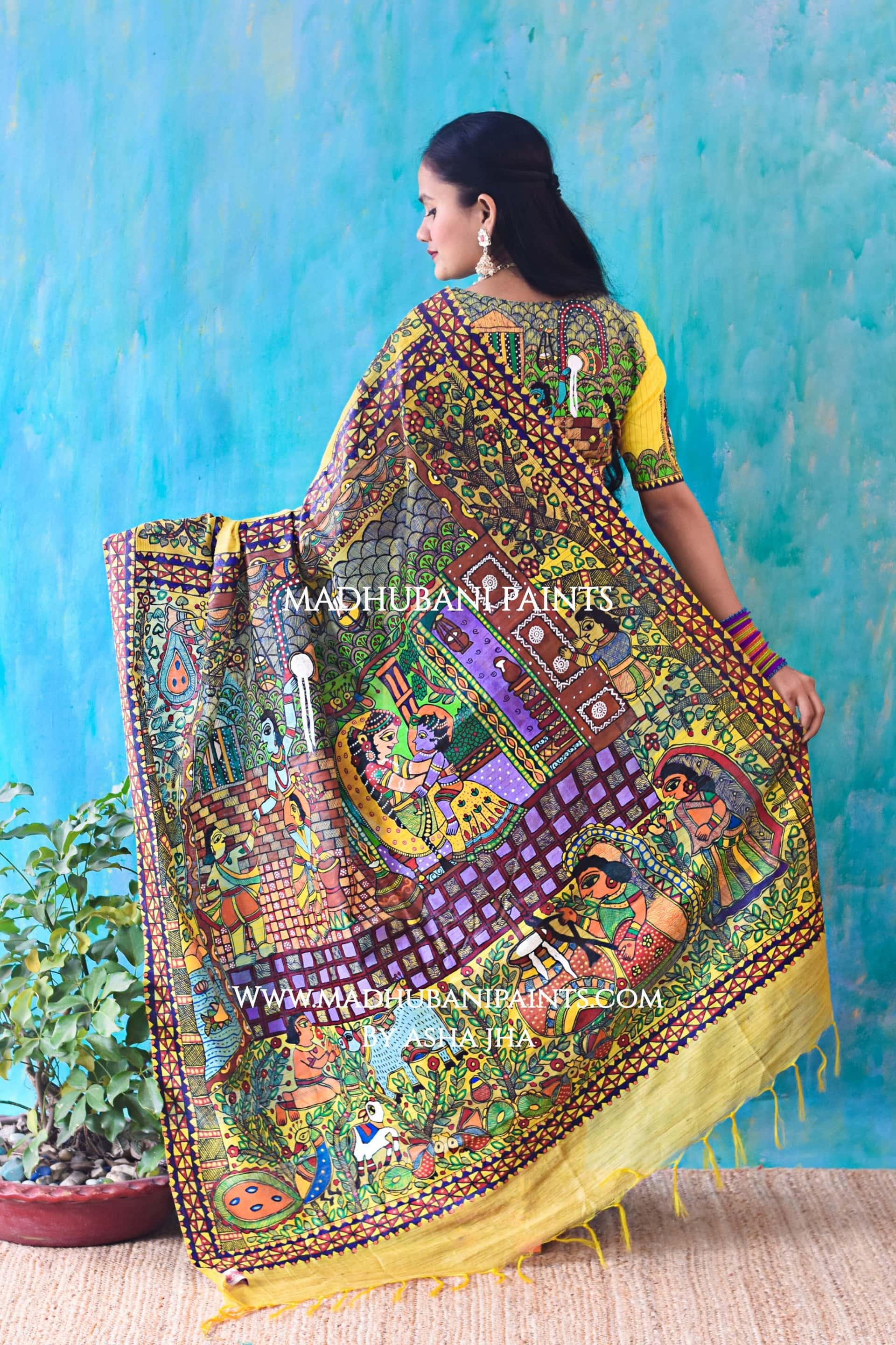 NANDLAAL KANHAIYA Handpainted Madhubani Chanderi Silk Saree Blouse Set