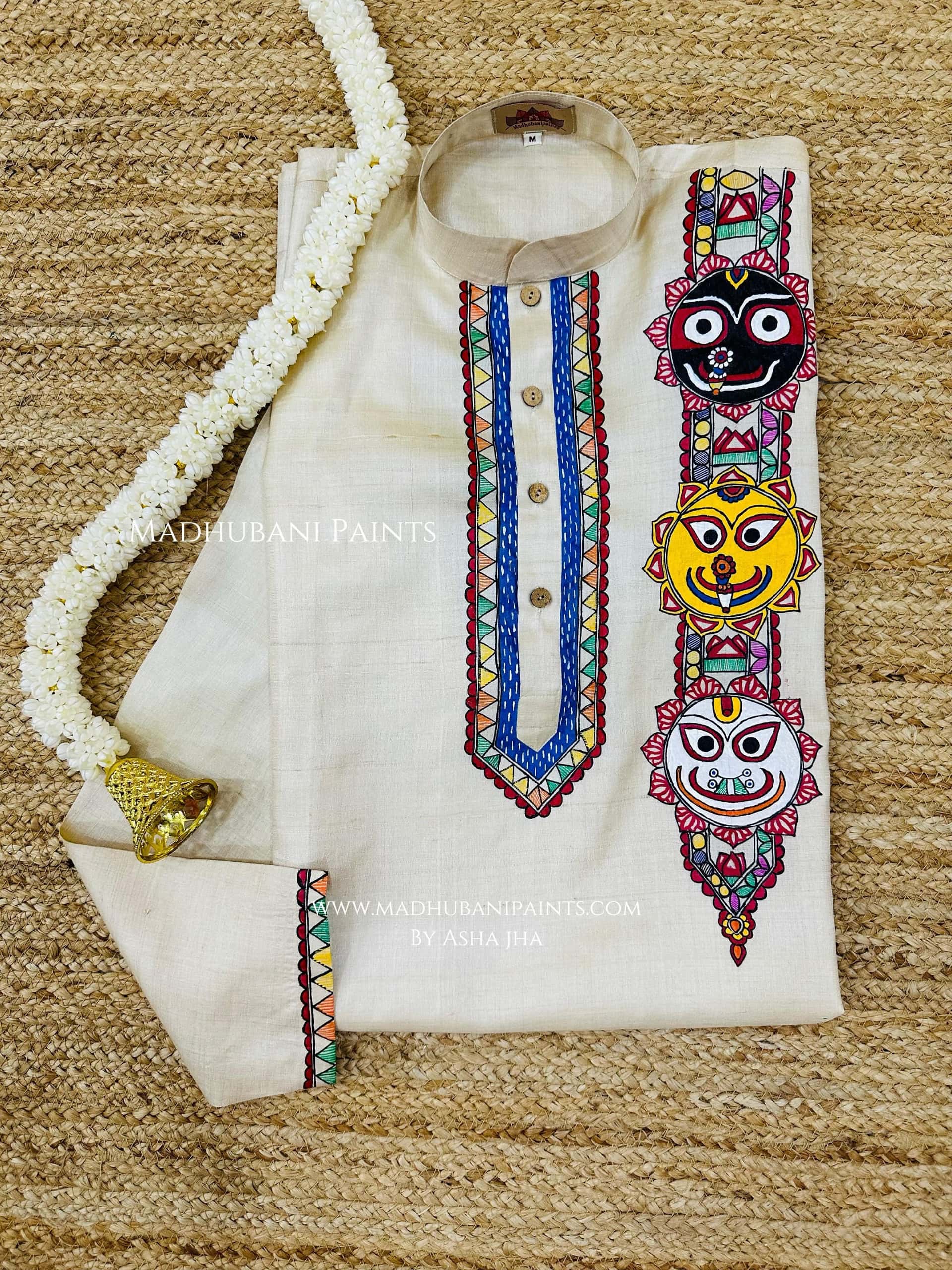 Lord Jagannatha, Subhadra and Balabhadra Hand-painted  Madhubani Men's Tussar Silk Kurta
