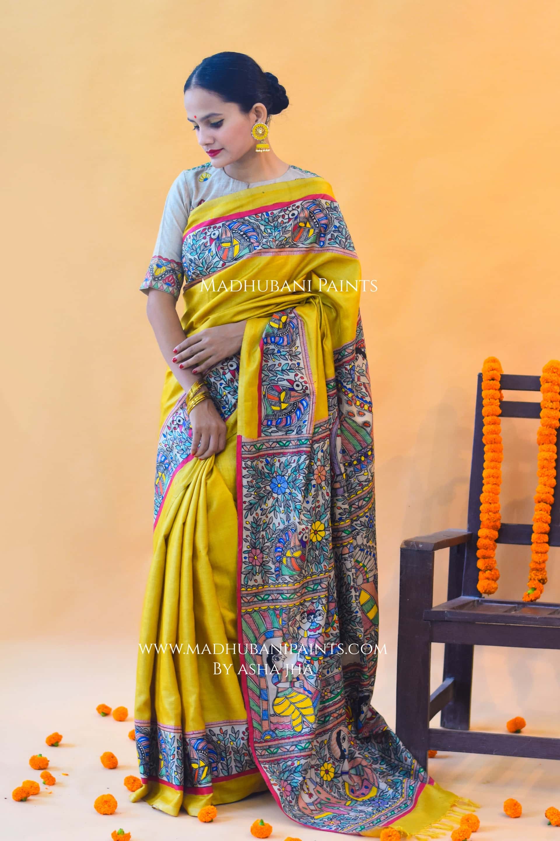 "Peela Ramayan" Hand-painted Madhubani Tussar Silk Saree