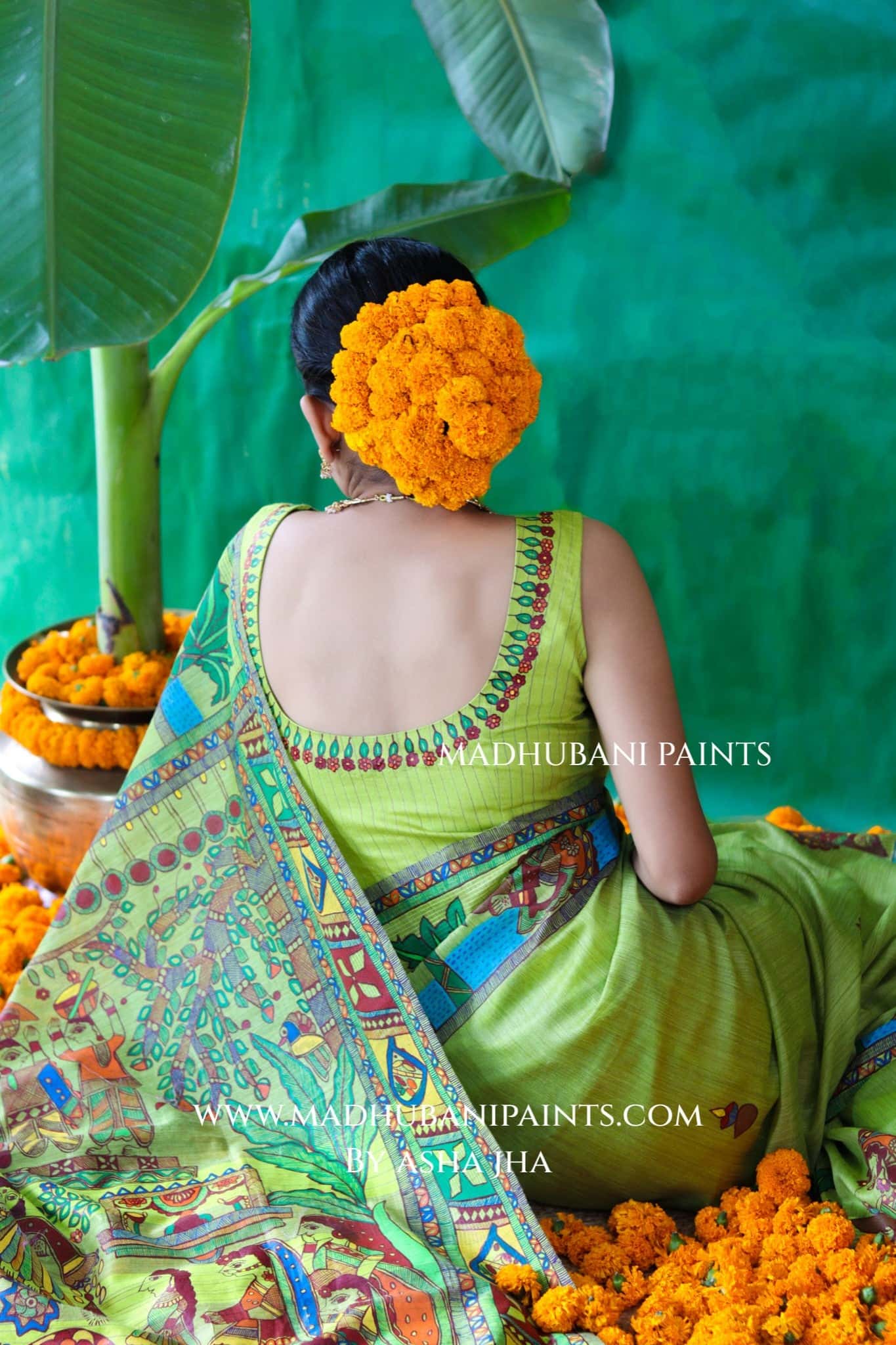 HARIYALI CHHATH Handpainted Madhubani Chanderi Saree Blouse Set