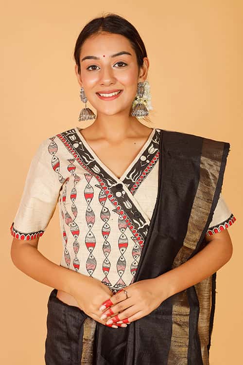'Surmai Lotus' Handpainted Madhubani Cotton Blouse