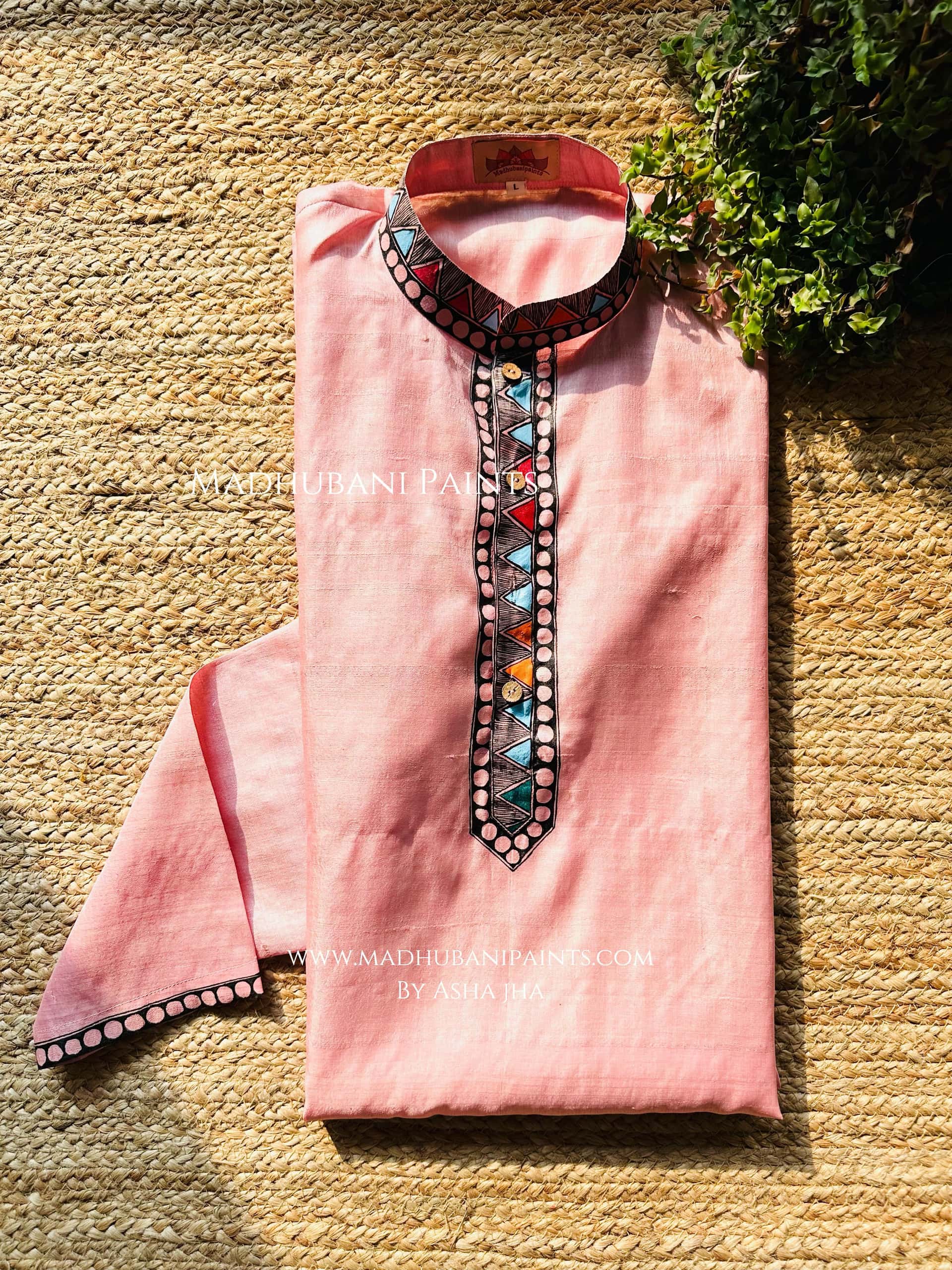 Pink Mithila Borders Hand-painted  Madhubani Men's Tussar Silk Kurta