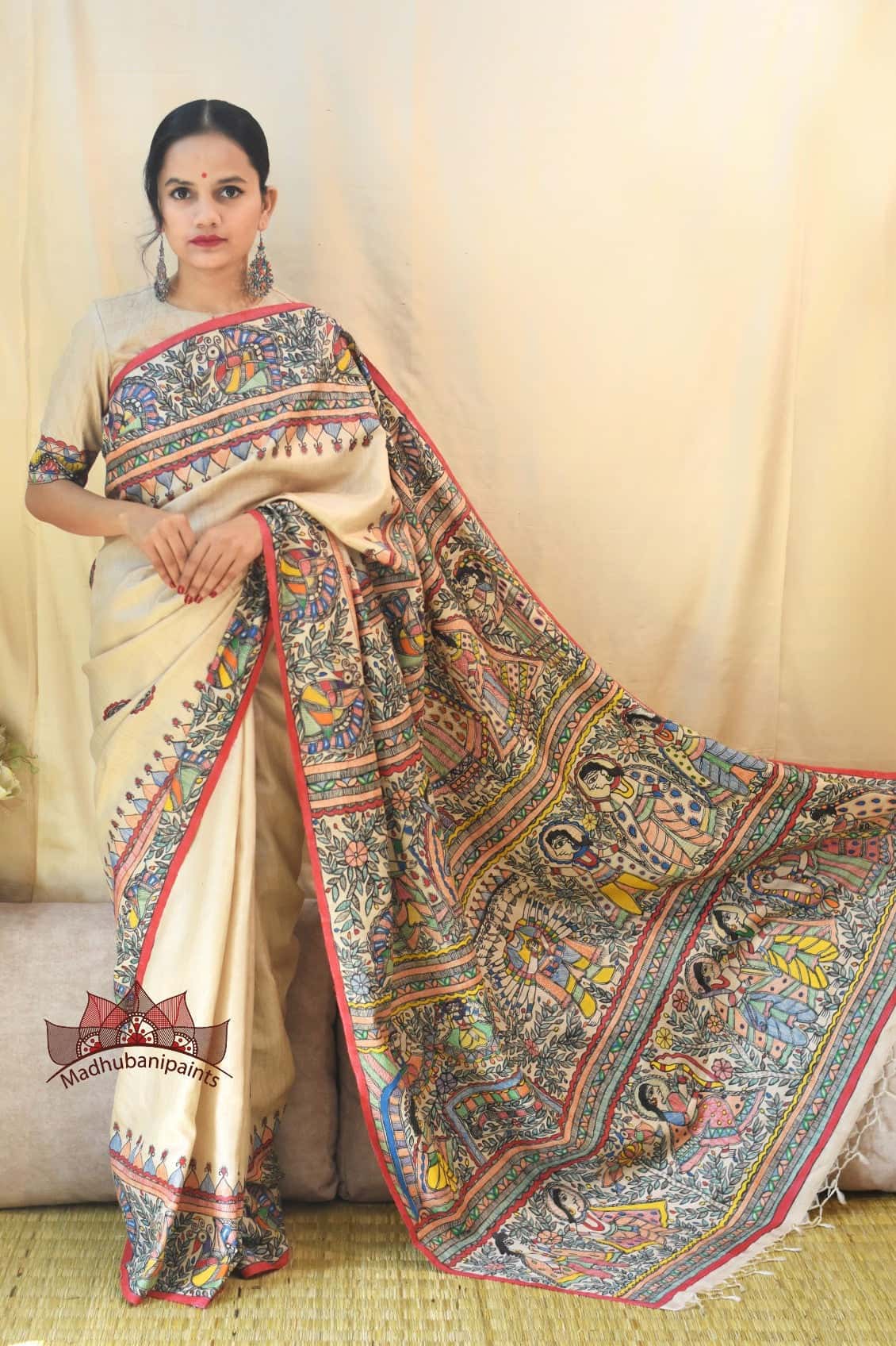 Madhubani Ramayna Kaatha Handpainted Saree Blouse Set
