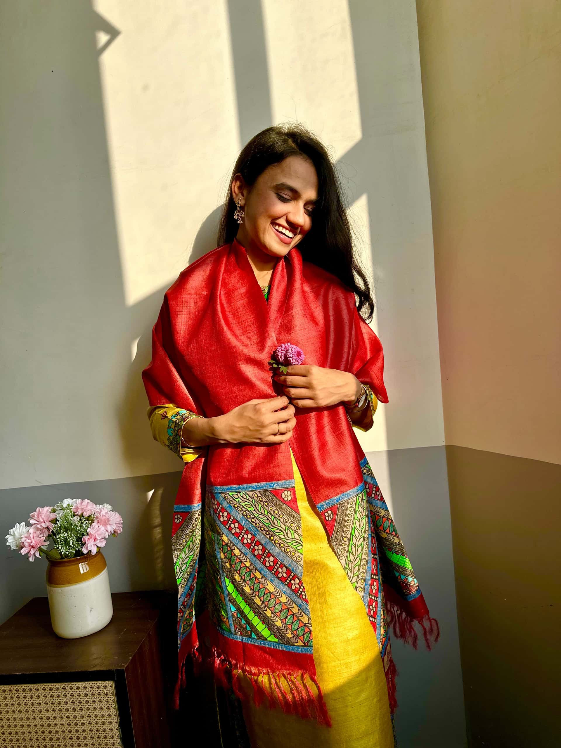 Bharni Fish Hand-painted Madhubani Tussar Silk Stole