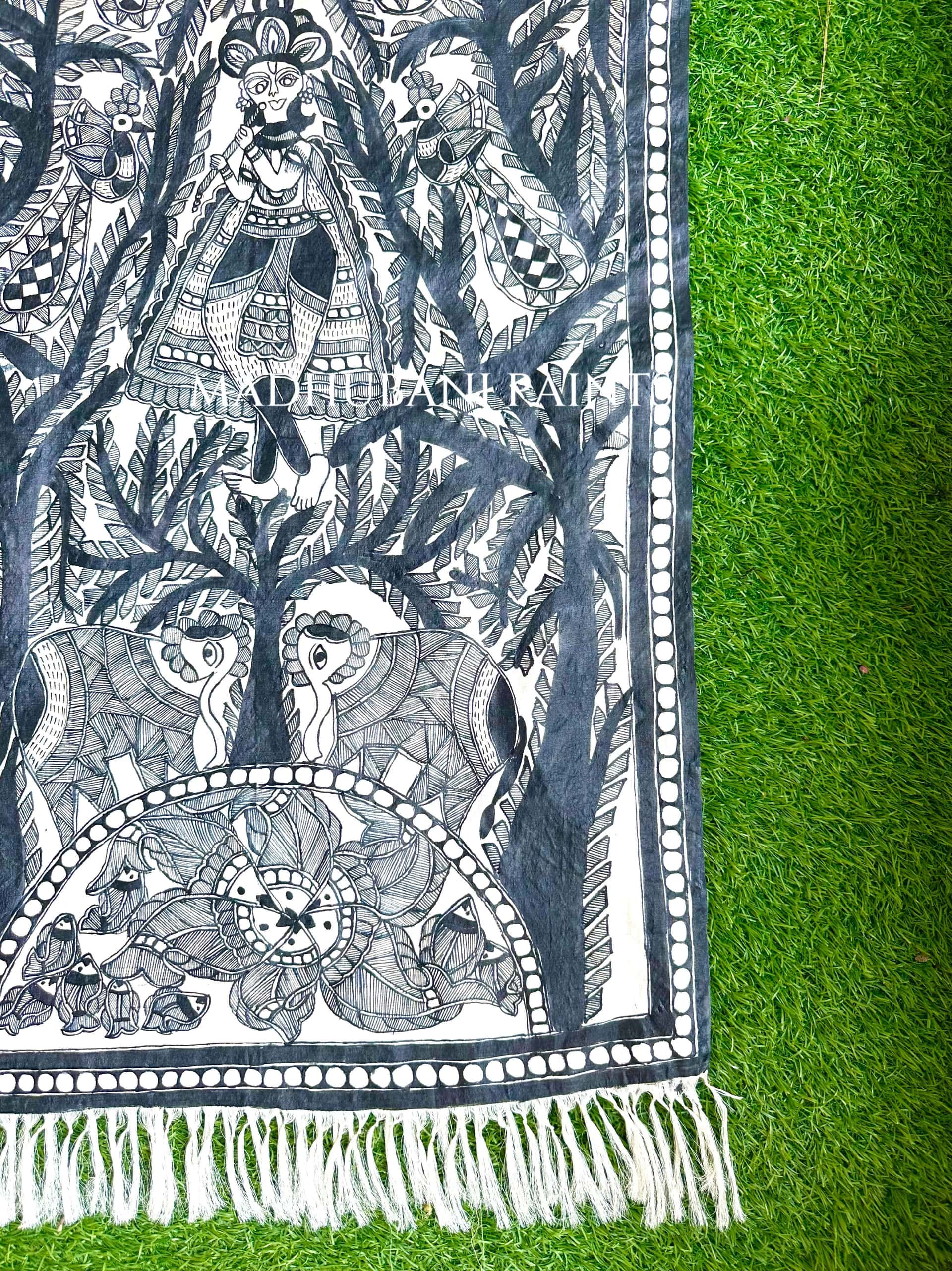 Madhubani Krishna Full Tussar Silk Madhubani Hand-painted Stole