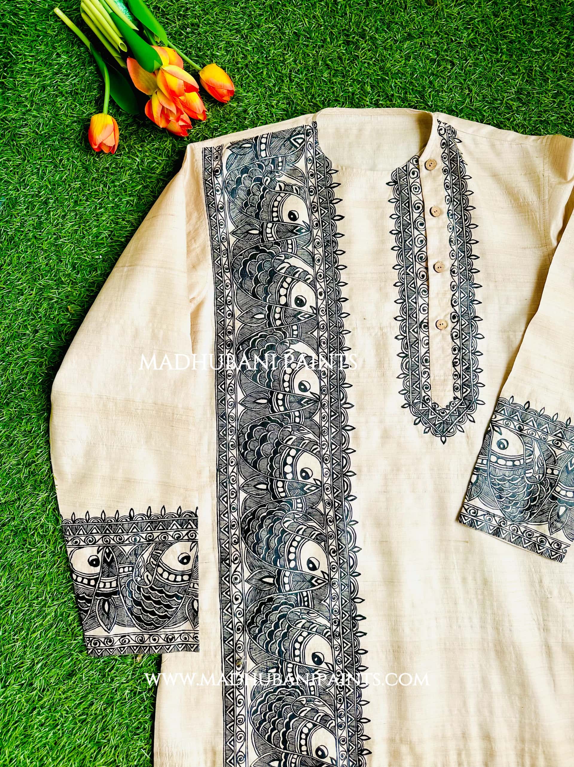 SURMAI SAMUNDAR Hand-painted  Madhubani Men's Tussar Silk Kurta