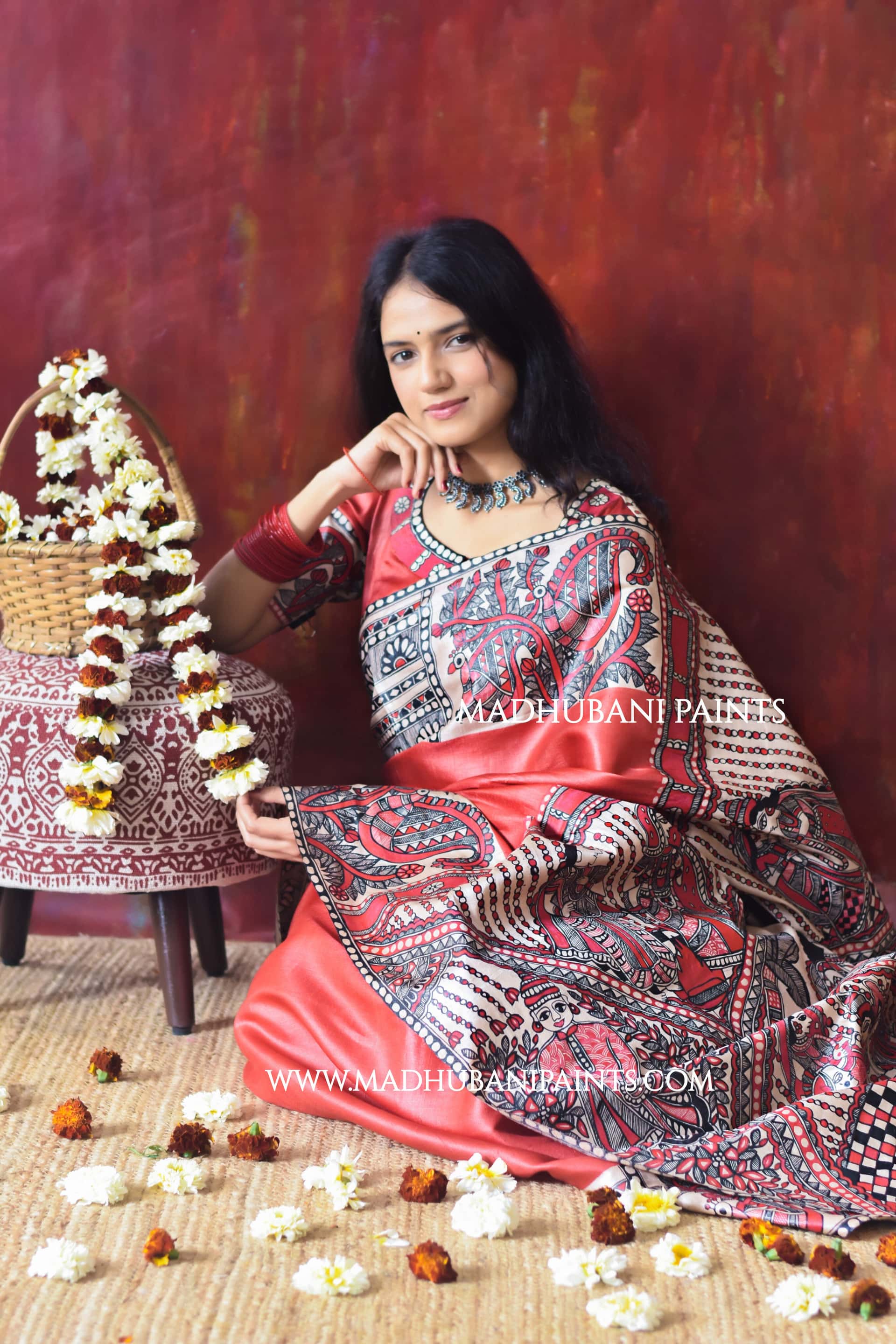 RED BENGALI WEDDING Hand-painted Madhubani Tussar Silk Saree Blouse Set