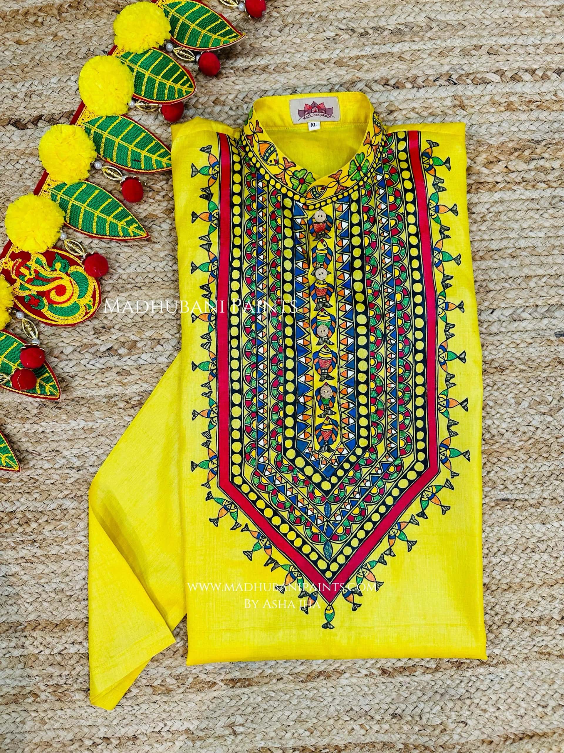 Yellow Surmai Kamal Hand-painted  Madhubani Men's Tussar Silk Kurta