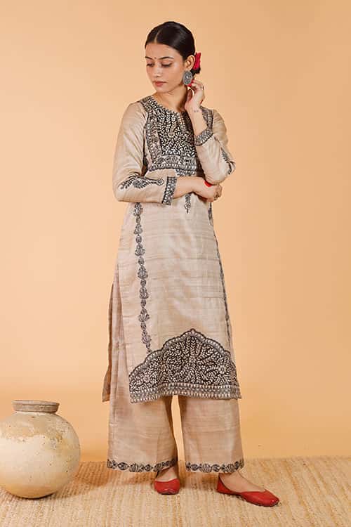 'Pride of Mithila' Handpainted Madhubani Tussar Silk Pant