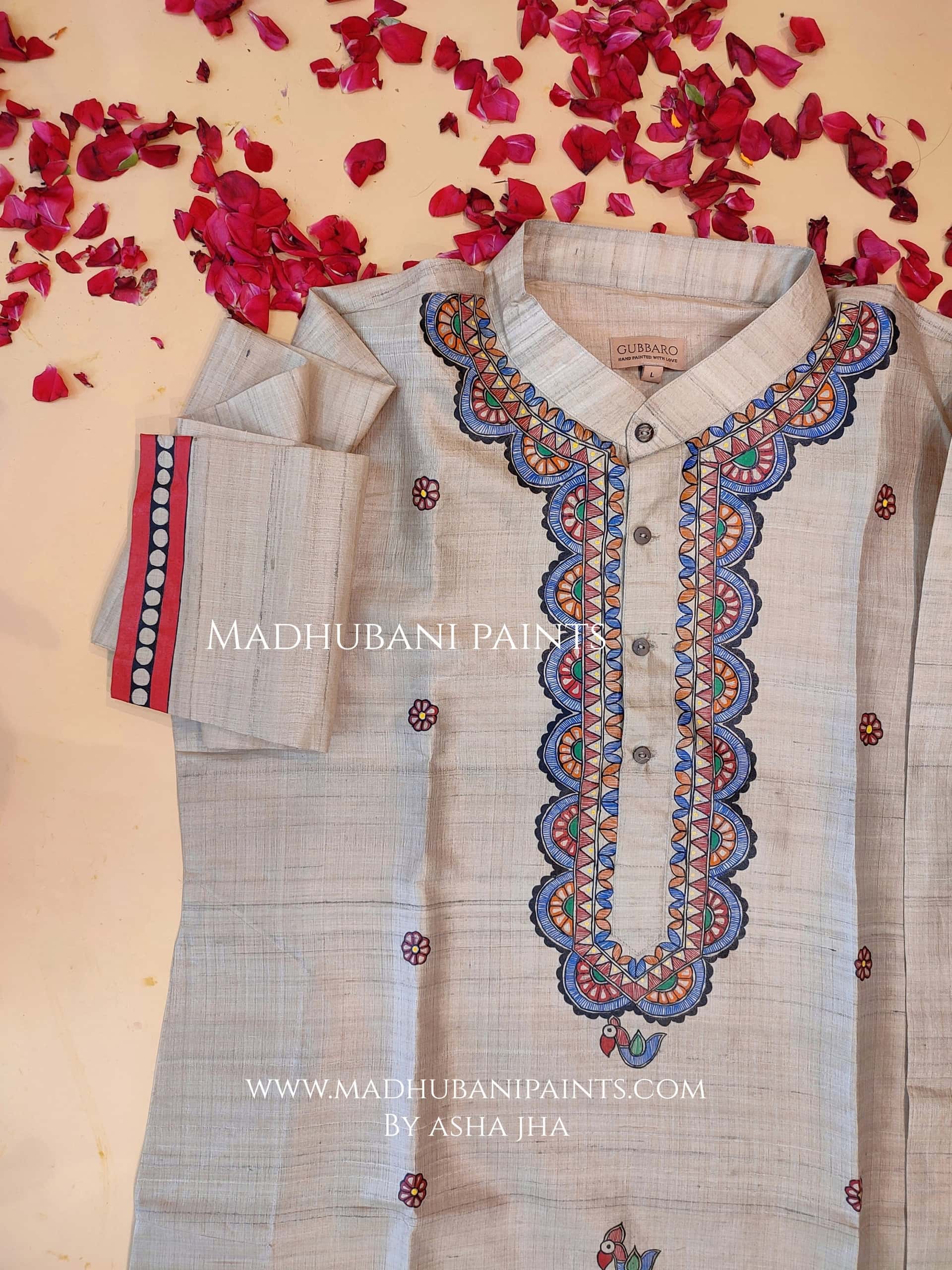 Mithila Flower Hand-painted Beige Madhubani Men's Tussar Silk Kurta