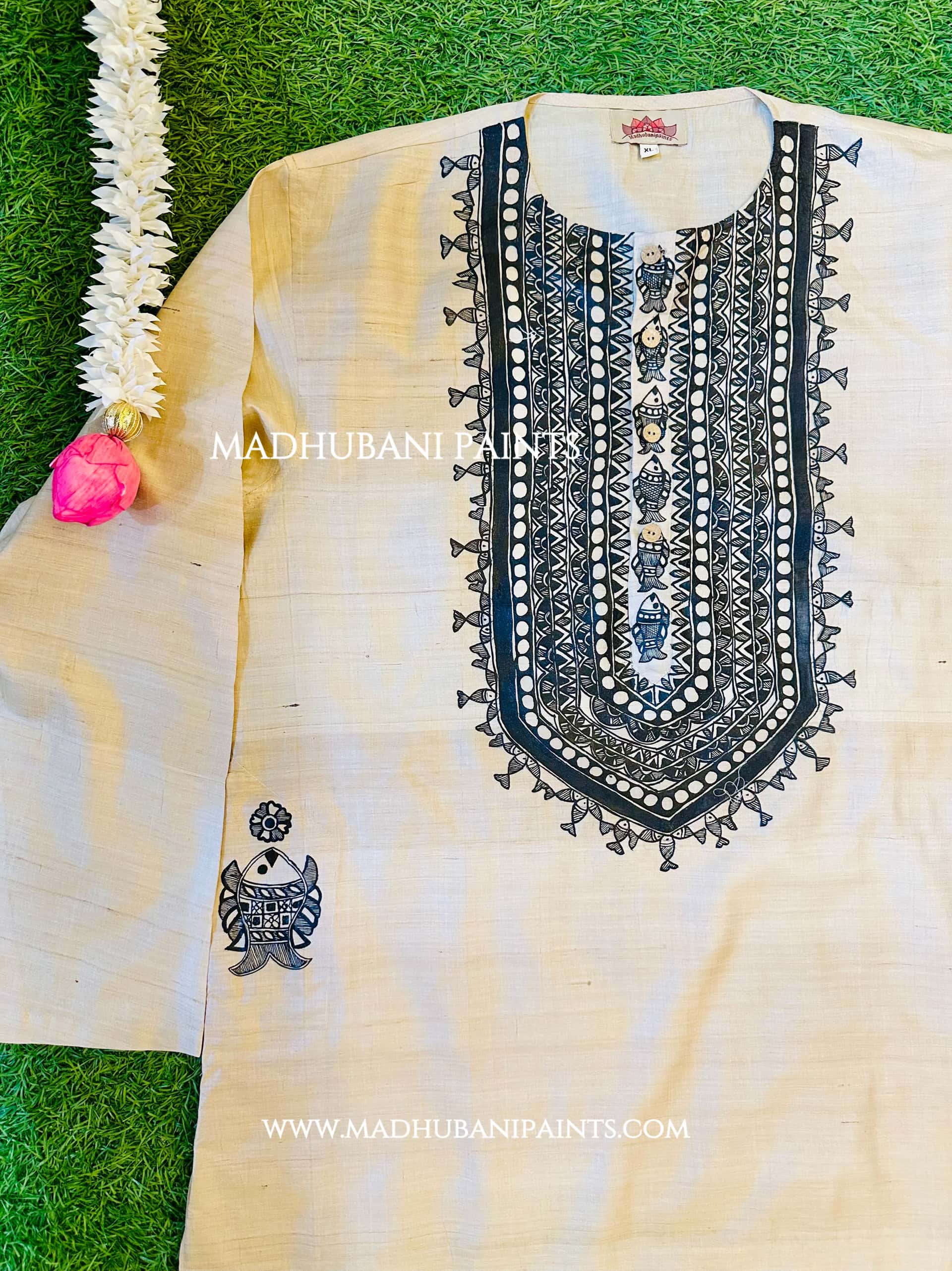 Kaali Surmai Kamal Hand-painted  Madhubani Men's Tussar Silk Kurta