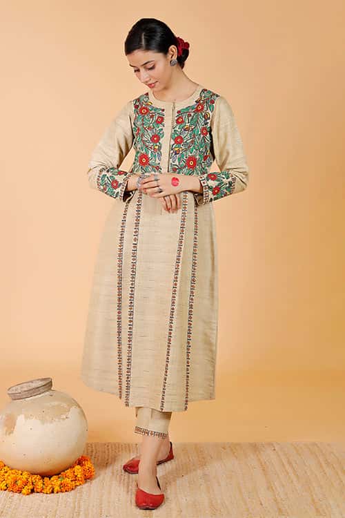 'Mayur' Handpainted Madhubani Pleated Dress Cotton Kurta