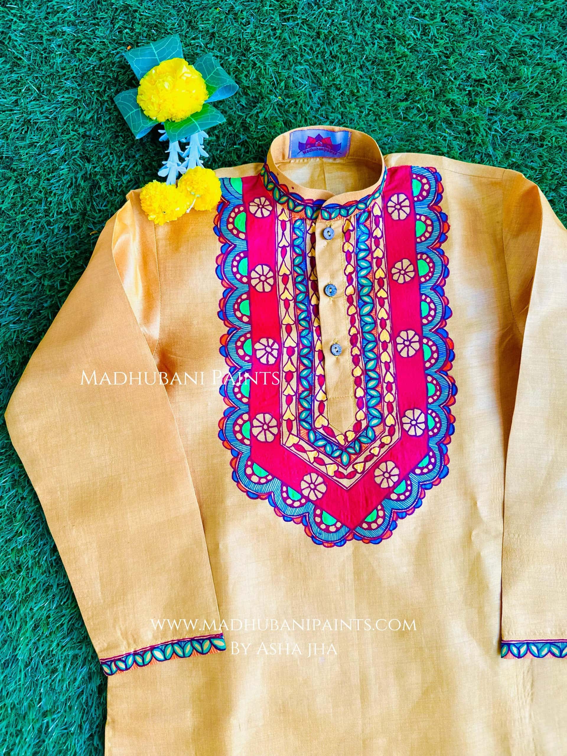 Laal Bharni Hand-painted Yellow Madhubani Men's Tussar Silk Kurta