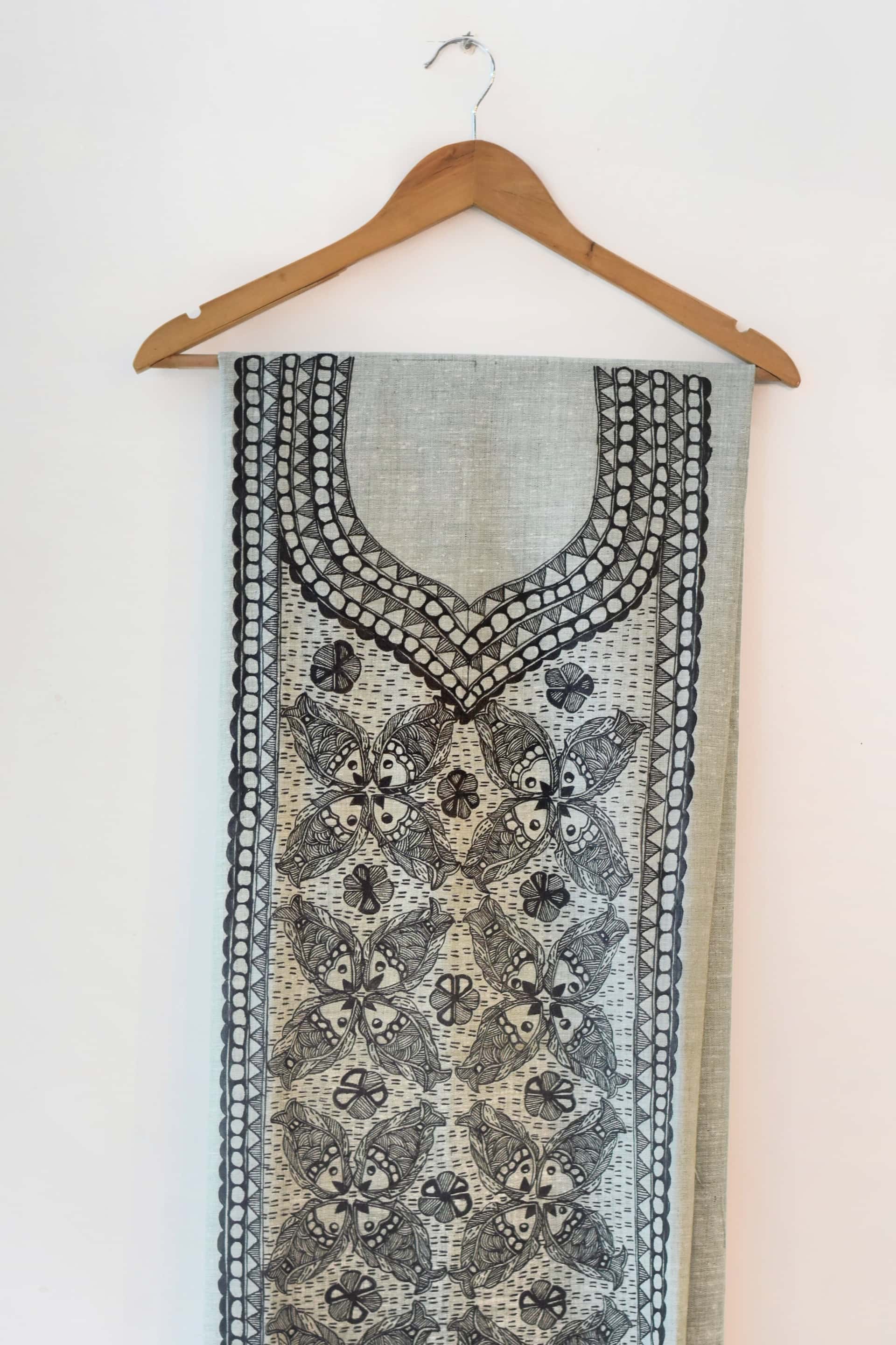 Black Fish Hand-painted Madhubani Painting Cotton Unstitched Kurta