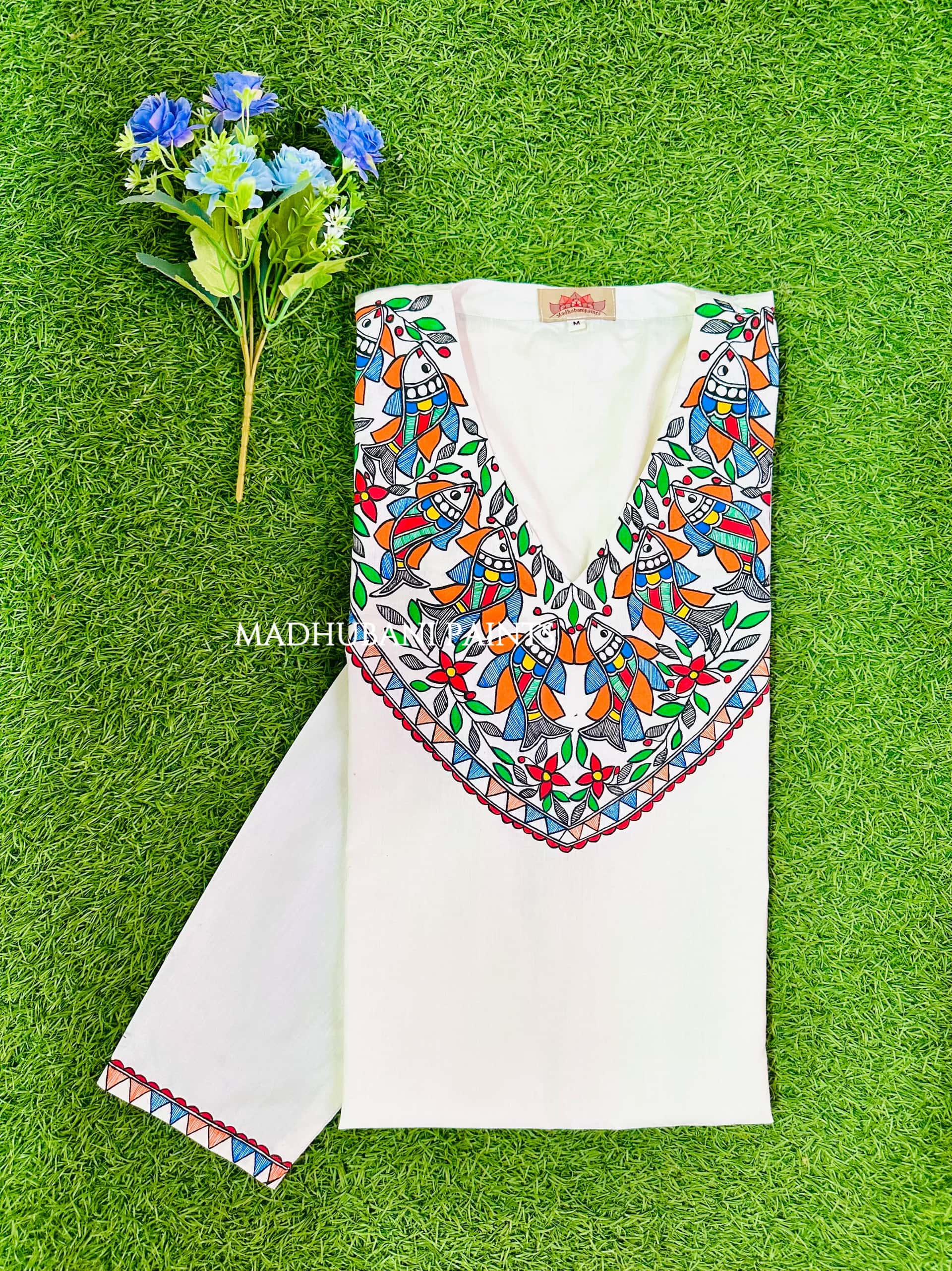White Multicoloured Fish V neck  Hand-painted Handloom Men's Cotton Kurta