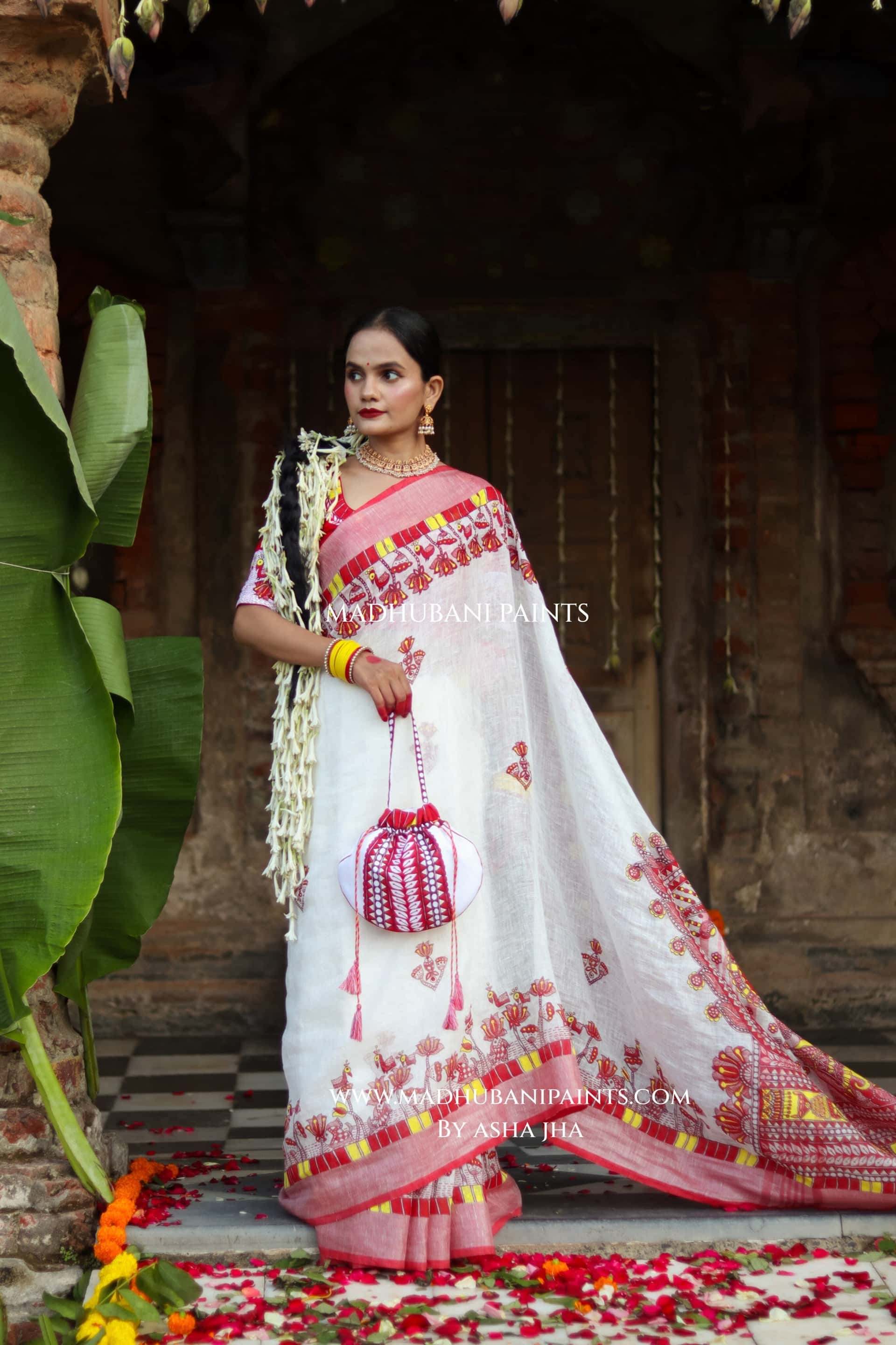 KAMLA Handpainted Linen Madhubani Saree