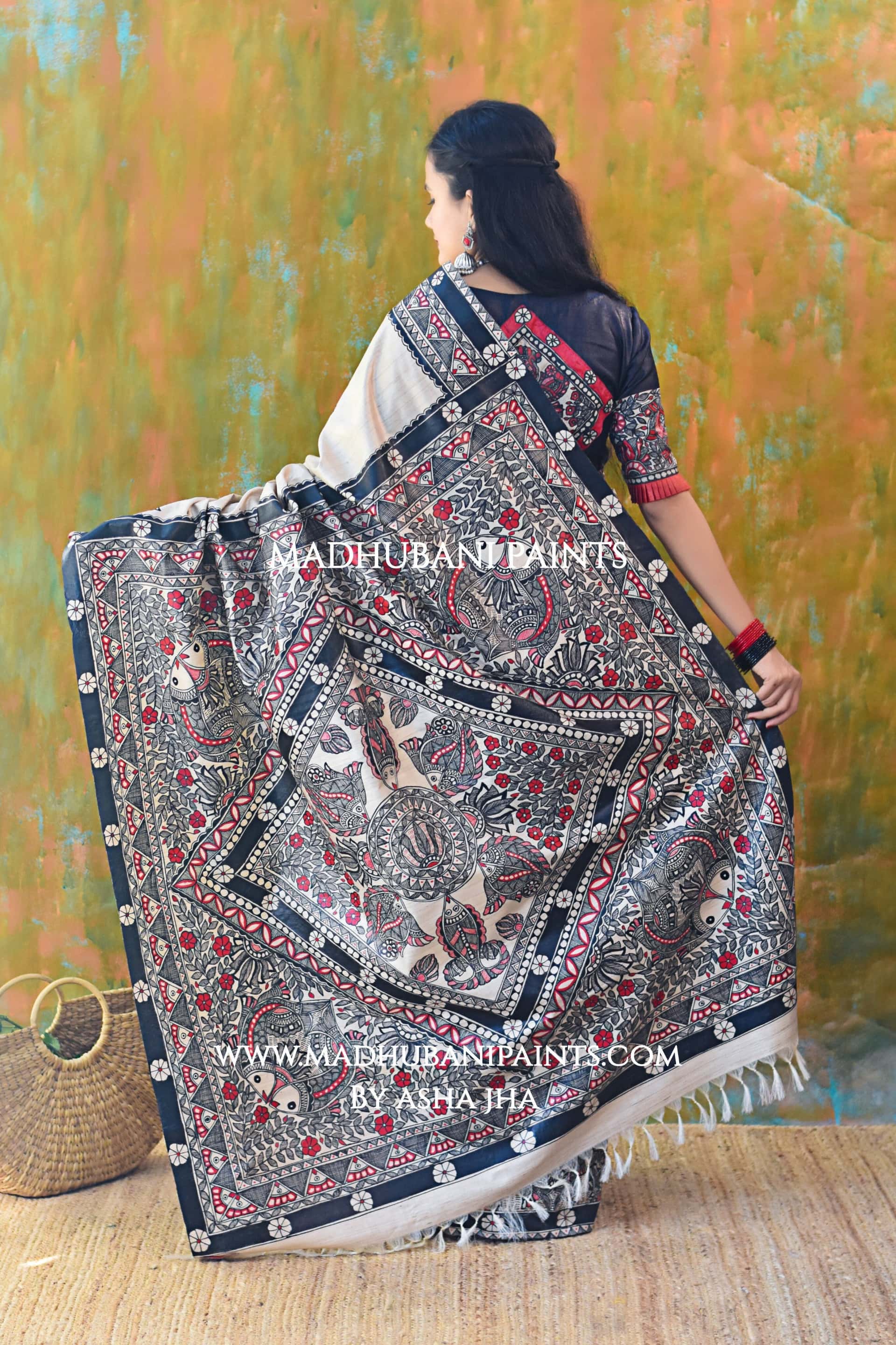 'SAGARIKA' Hand-painted Madhubani Tussar Silk Saree Blouse Set