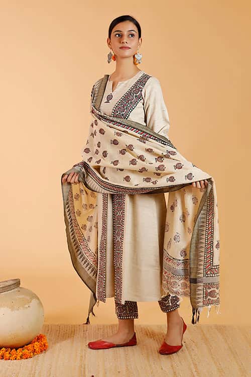 'Laal Surmai' Handpainted Madhubani Cotton Dupatta