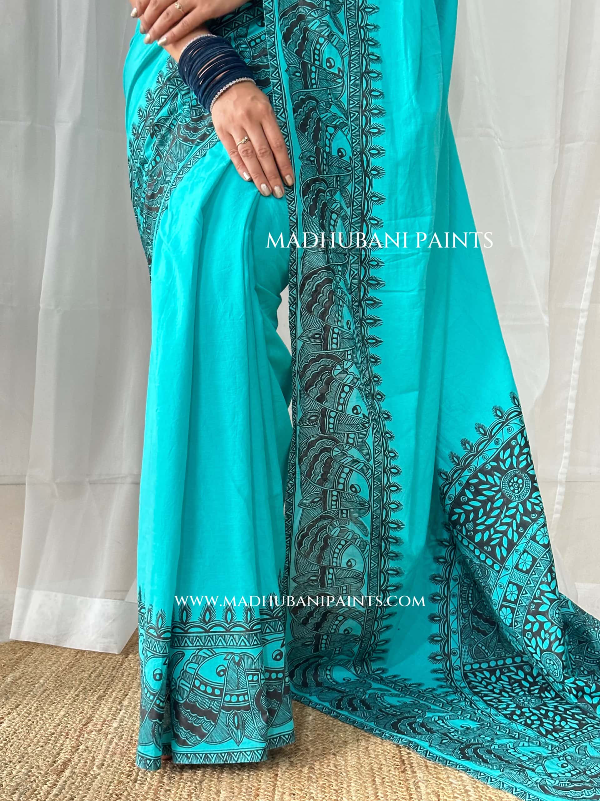 Aasmani Shringar Hand-painted Madhubani Painting Cotton Saree