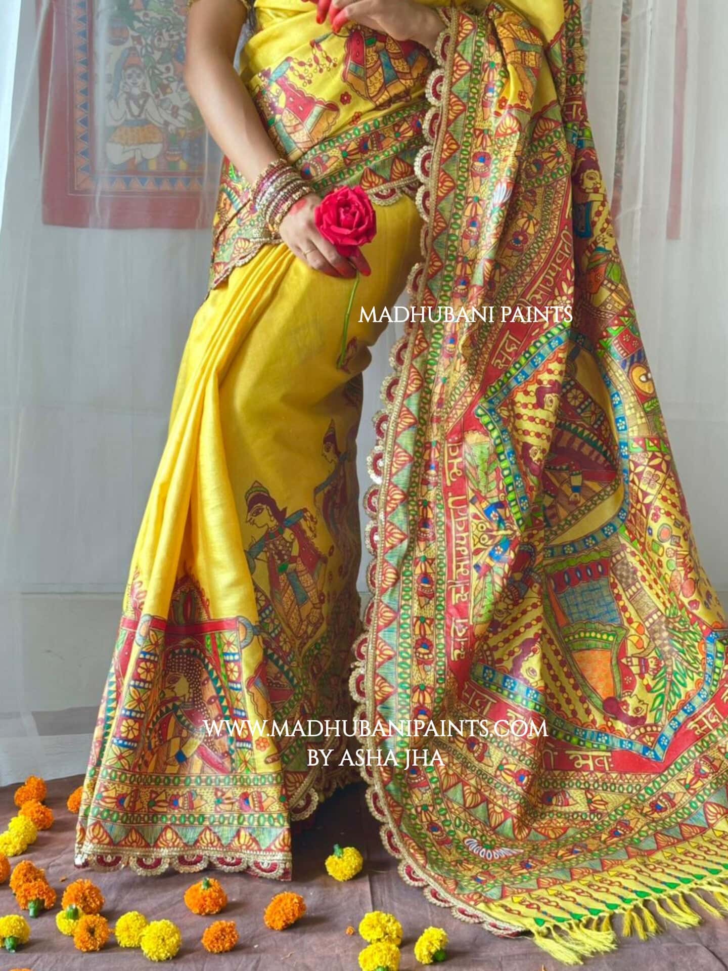 MITHILA WEDDING Hand-painted Madhubani Tussar Silk Saree Blouse Set