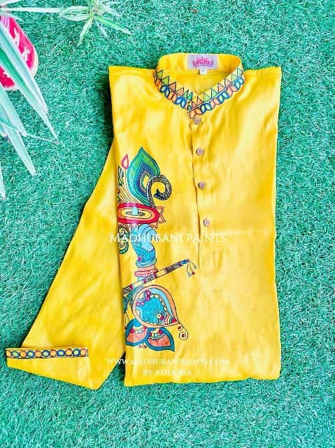 Yellow Krishna's Mor Paankh Hand-painted  Madhubani Men's Tussar Silk Kurta