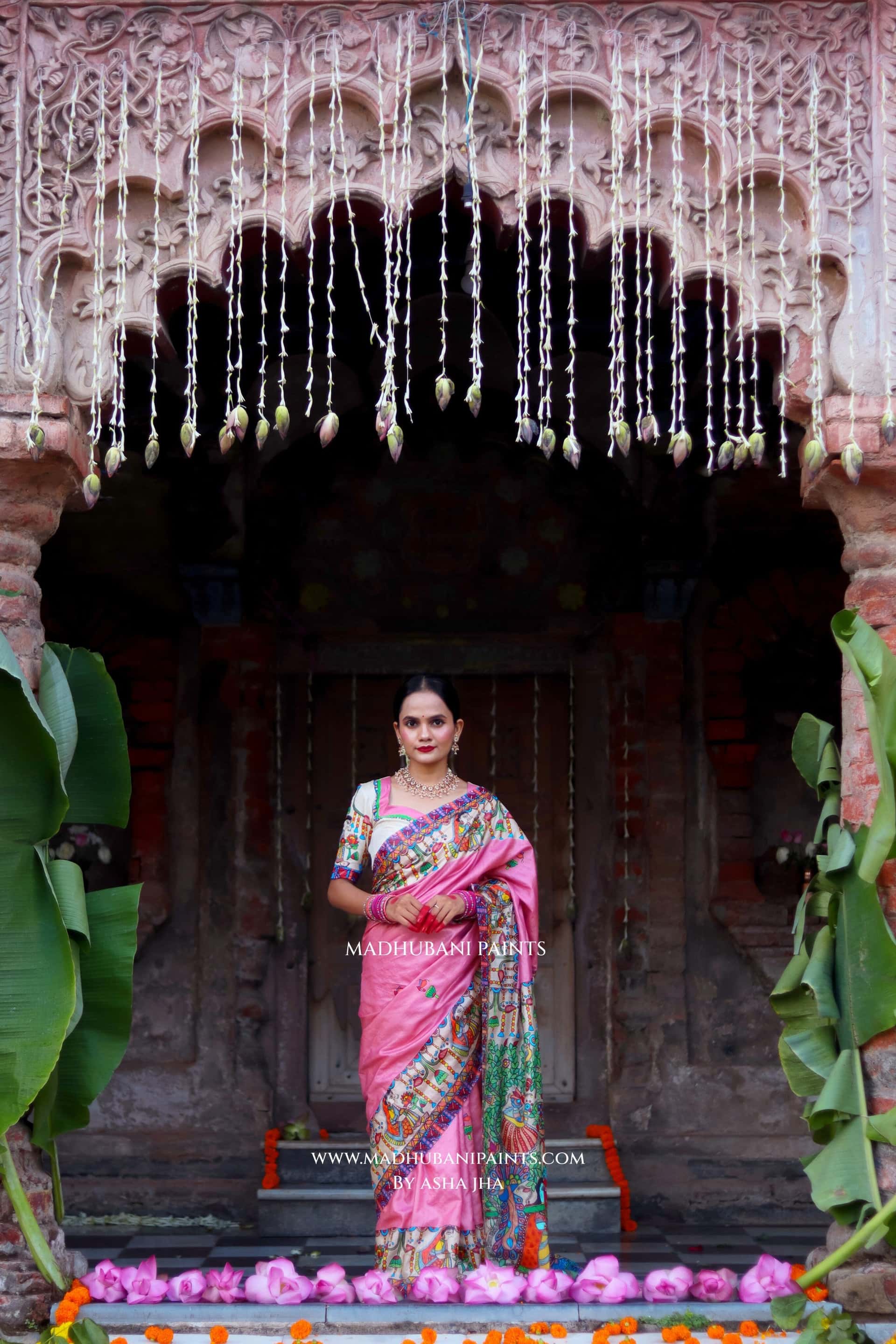 Durga Ji Ki Palki Handpainted Tussar Silk Madhubani Saree