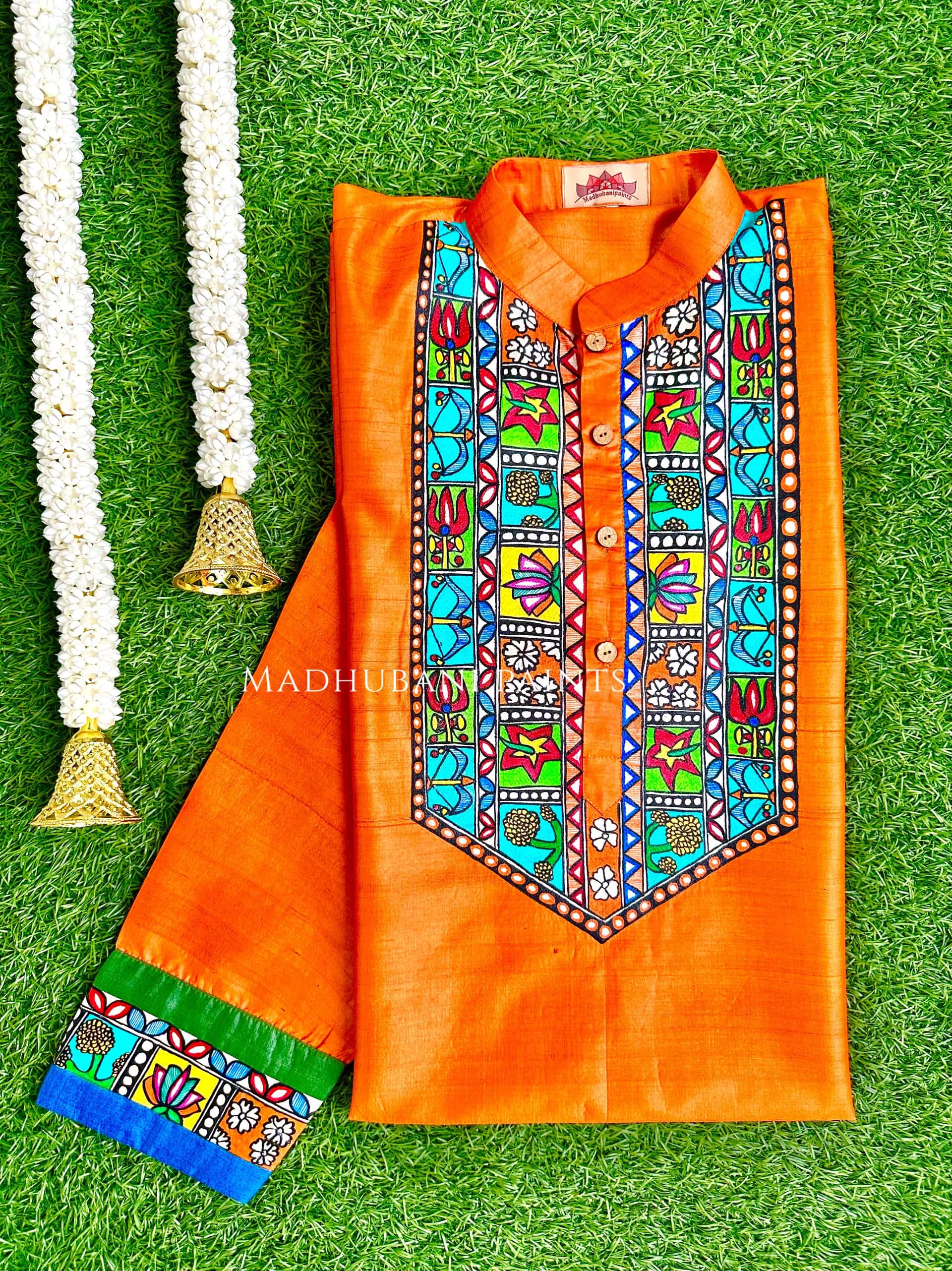 BHARAT KA DUSSEHRA Hand-painted Handloom Orange Men's Tussar Silk Kurta