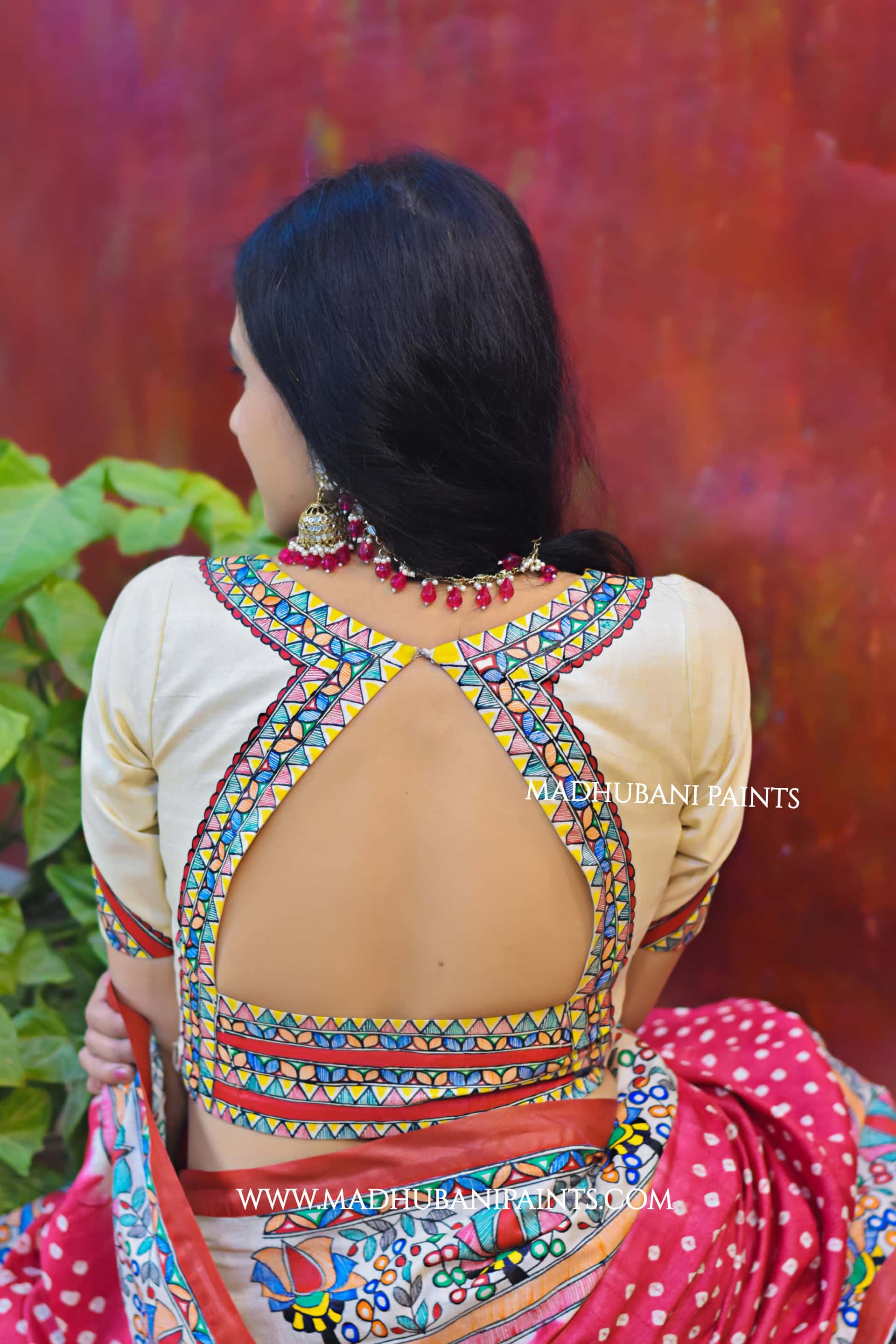 LAALI Handpainted Tussar Silk Bandhini Madhubani Saree Blouse Set