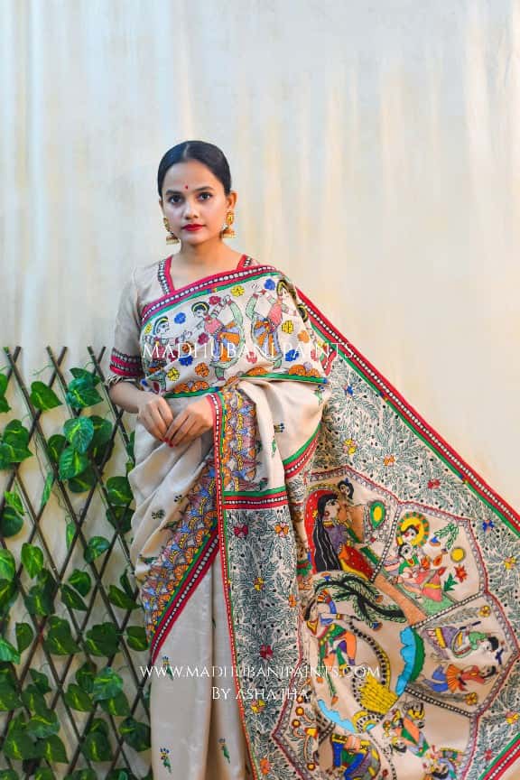 NANDGOPALA RADHA' Handpainted Madhubani Tussar Silk Saree Blouse set