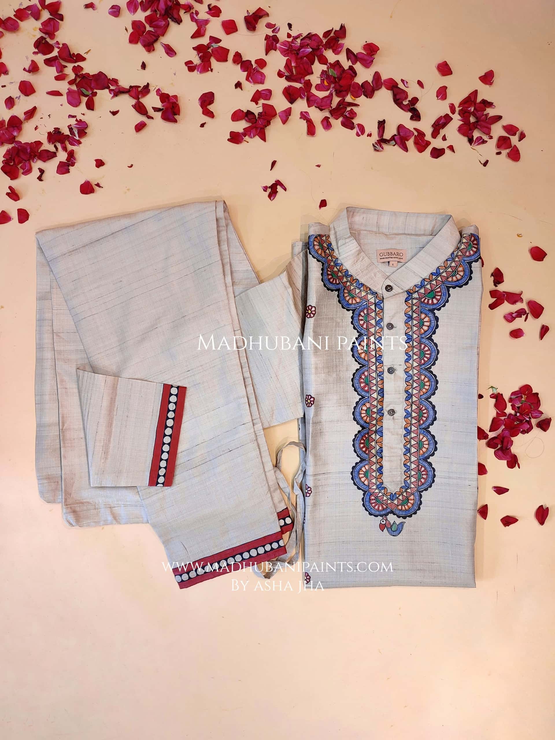 Mithila Flowers Hand-painted Beige Madhubani Men's Tussar Silk Kurta Pant Set