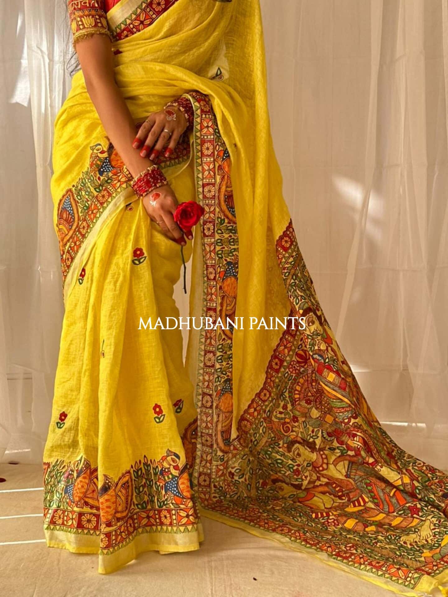 Linen Bridal Hand-painted Madhubani Painting Saree Blouse Set