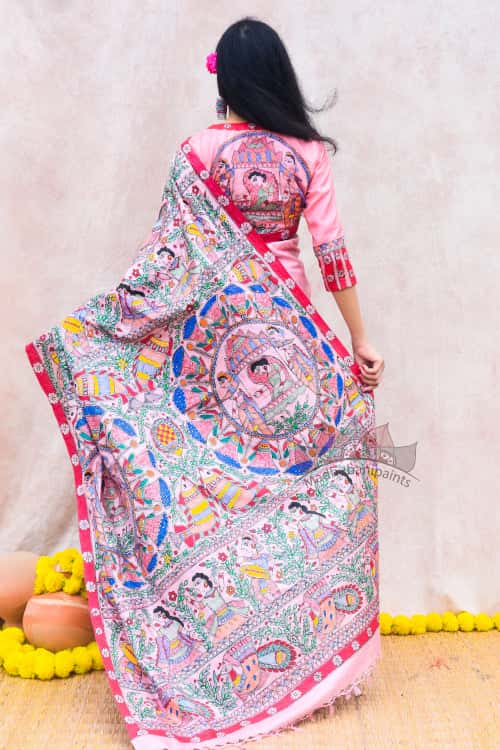'GULABI DOLI' Handpainted Madhubani Tussar Silk Saree Blouse Set