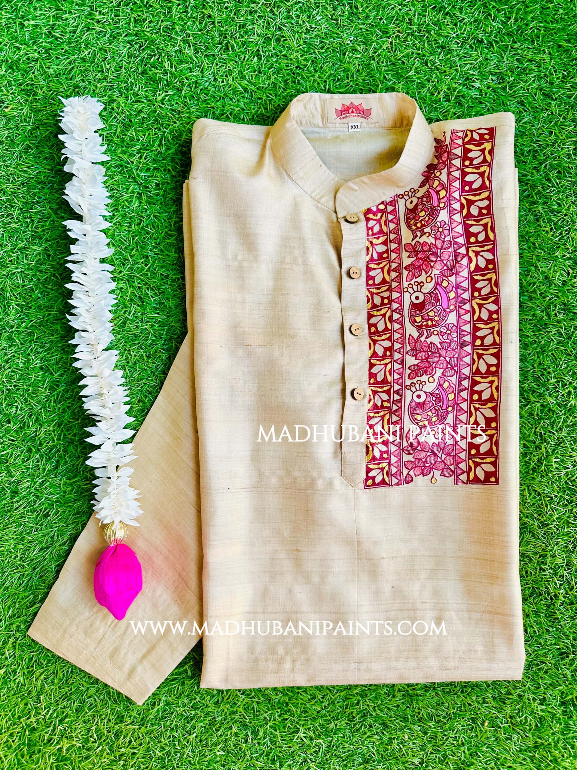 Maroon Golden Mithila Border Hand-painted Handloom Men's Tussar Silk Kurta