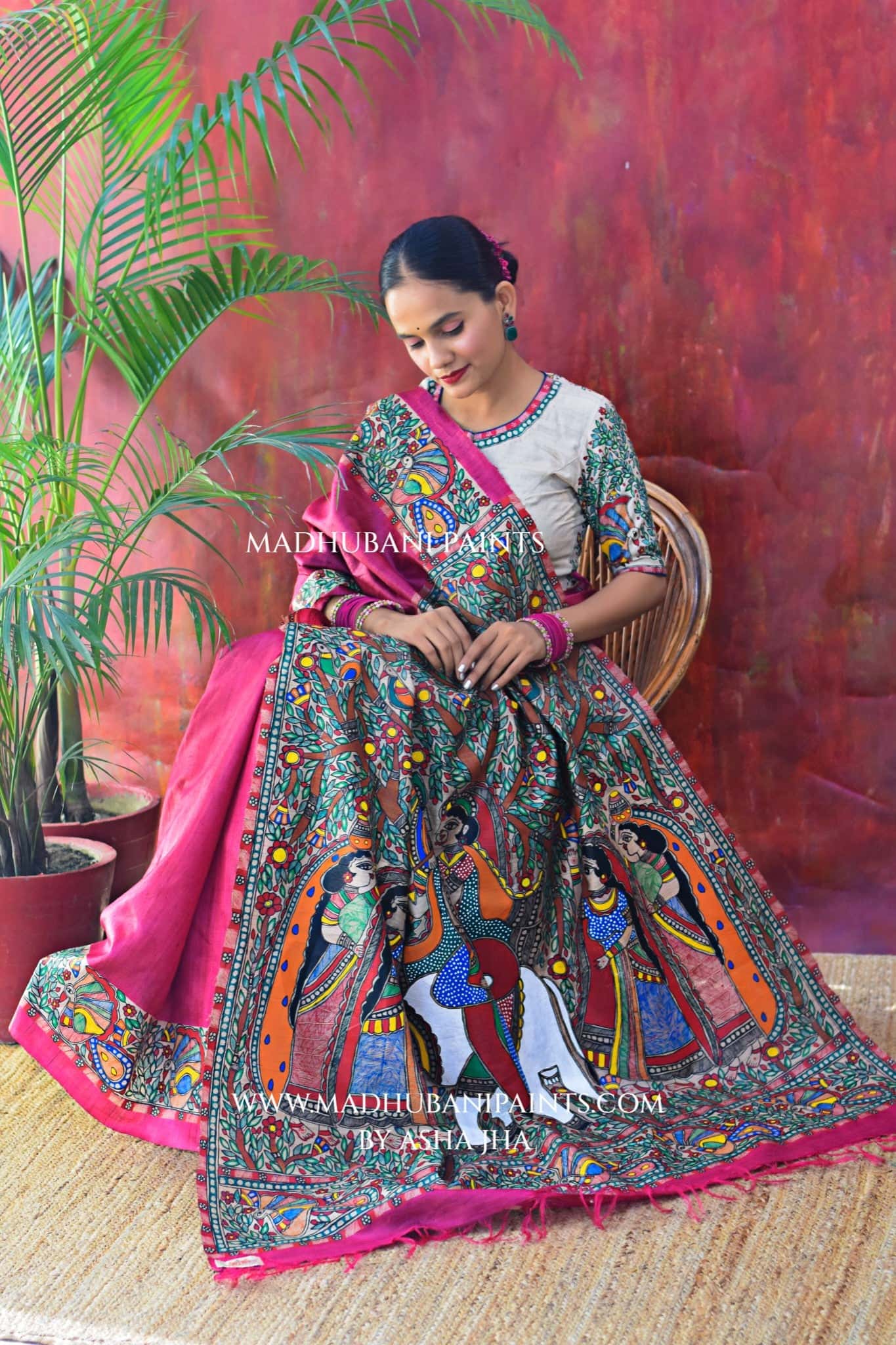 RASRAJ Handpainted Madhubani Tussar Silk Saree Blouse Set