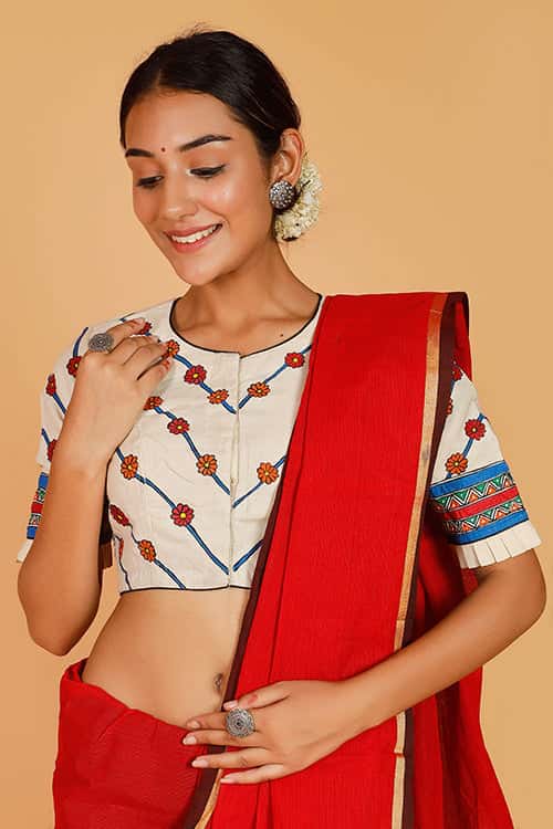 'Ecstatic Mayur' Handpainted Madhubani Moonga Silk Blouse