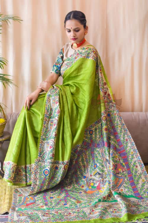 'MANMOHANA RADHA KRISHNA' Handpainted Madhubani Tussar Silk Saree Blouse Set