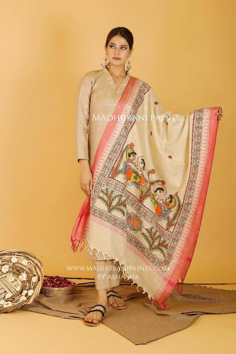 Manmohana Krishna Madhubani Handpainted Pure Handloom Cotton Dupatta