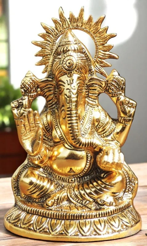 Ganesh Ji Idol in Aluminium, 8.5 inch, design AS474-G – for Pooja Room