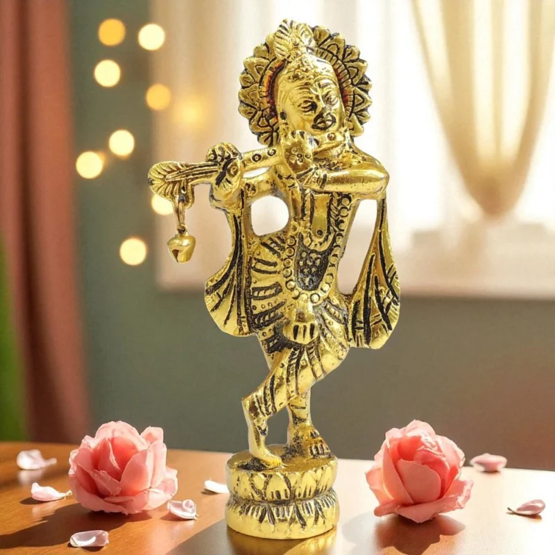 Krishna Ji with Flute Idol in Aluminium, 5.5 inch – for Home Mandir