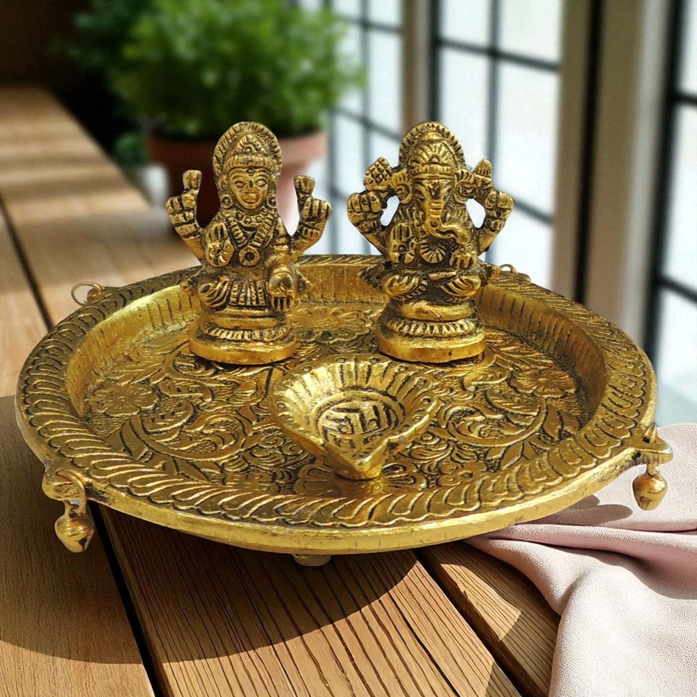 Aluminium Pooja Thali (Laxmi Ganesh), 5.5 inch, Vedikcraft Moradabad