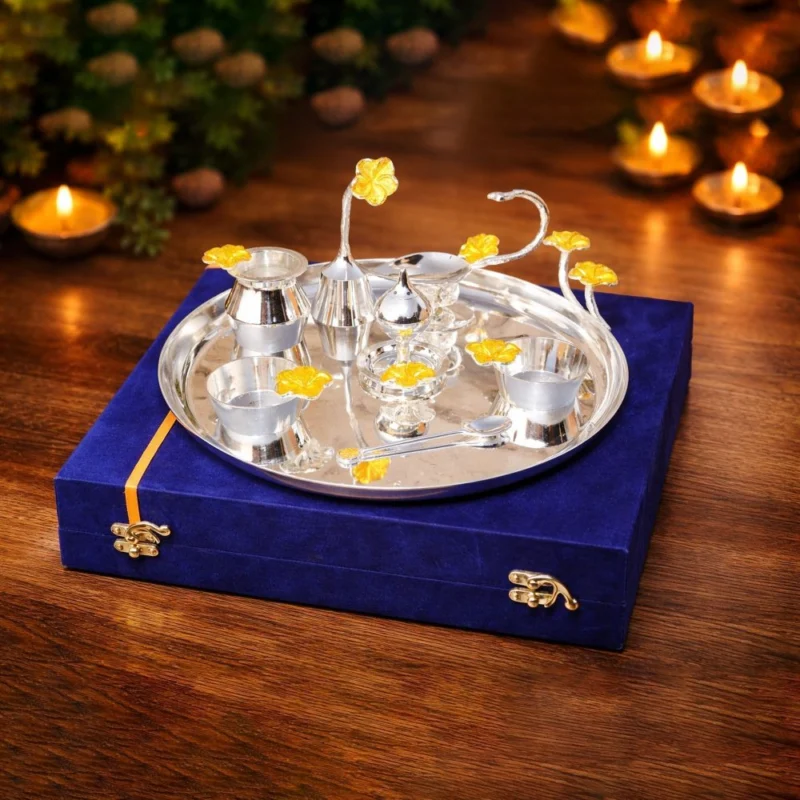 Brass Pooja Thali Set (Valvet Box), 2.55 kg