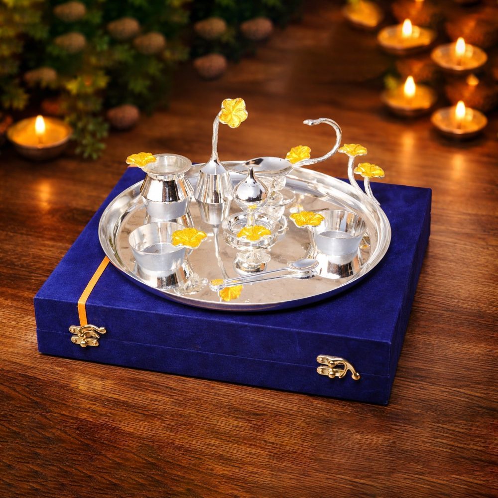 Brass Pooja Thali Set (Valvet Box), brass, Vedikcraft Moradabad