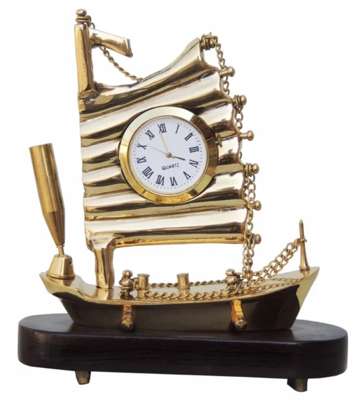 Brass And wood Ship Clock Big, 6.5 inch, brass, Vedikcraft Moradabad