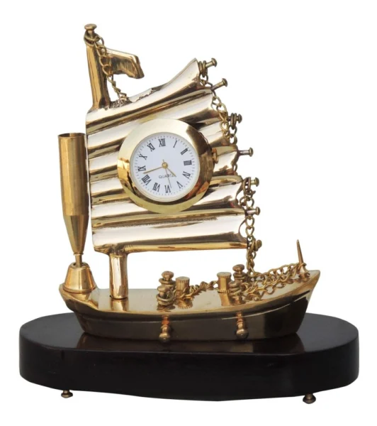 Brass And Wood Ship clock small, 5.5 inch, brass, Vedikcraft Moradabad