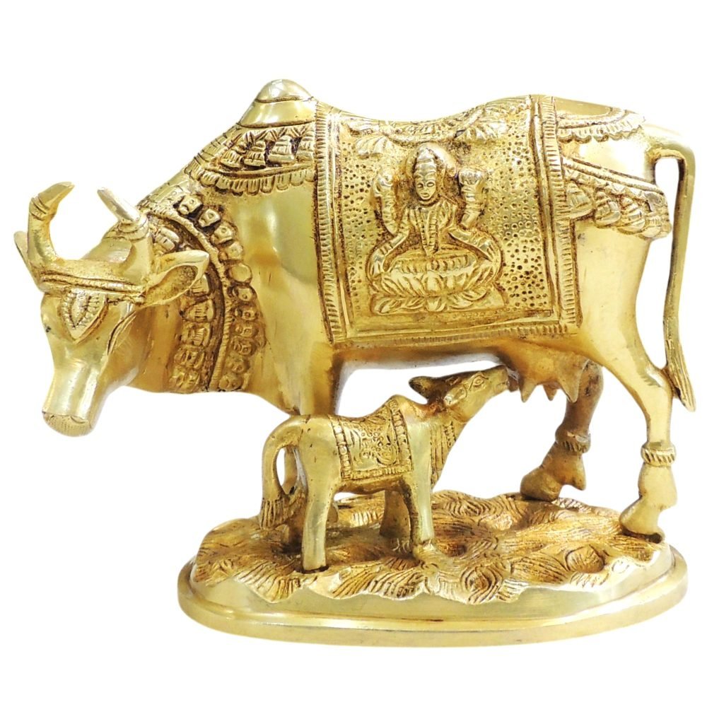 Brass Cow with Calf Showpiece (Vastu), 6.5 inch, brass, Vedikcraft Moradabad