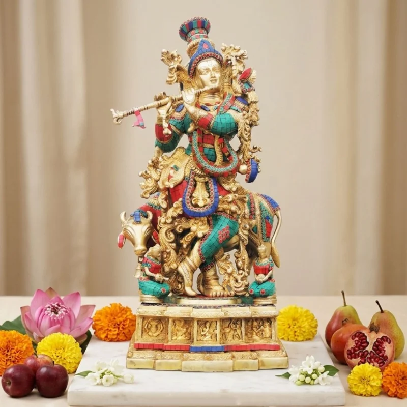 Krishna Ji with Flute Idol in Brass (Big), 28.5 inch – for Temple and Entrance